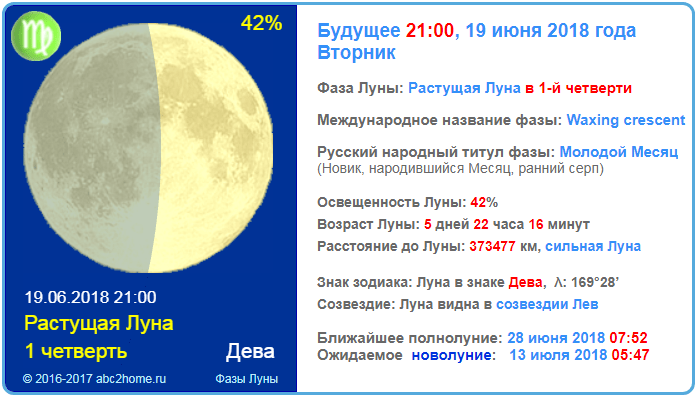 Луна сейчас - 21 час  19 июня 2018 года