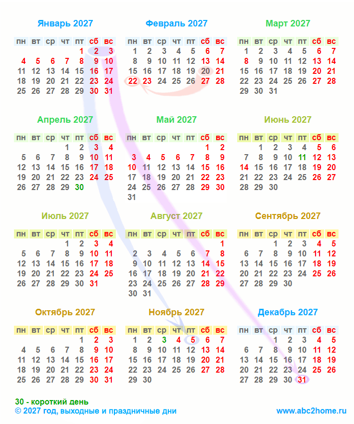 Календарь на 2027 год. Схема переноса праздников. Календарь праздников на 2027 год