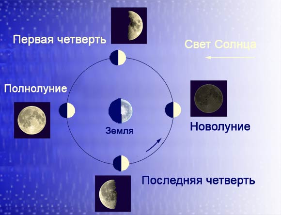 Фазы Луны. Схема смены фаз при орбитальном движении