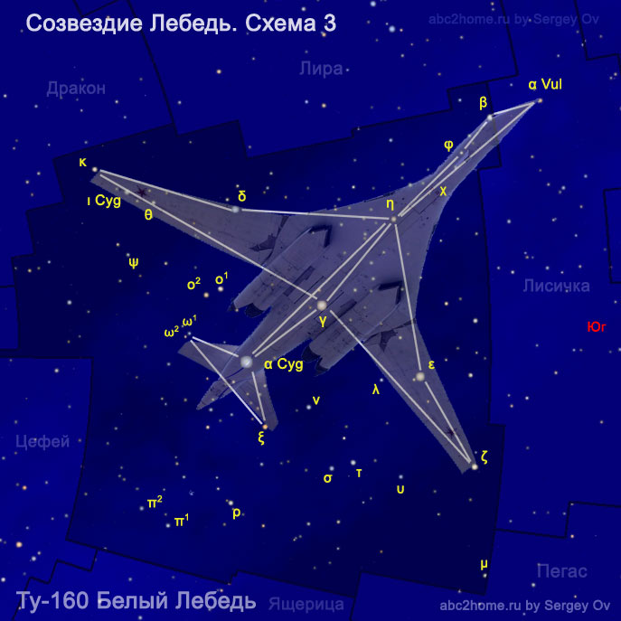 Схема созвездия Лебедь и обозначения Байера