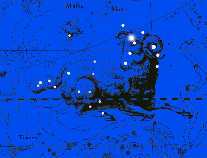 Aries constellation.  Collage on the atlas of Jan Hevelius