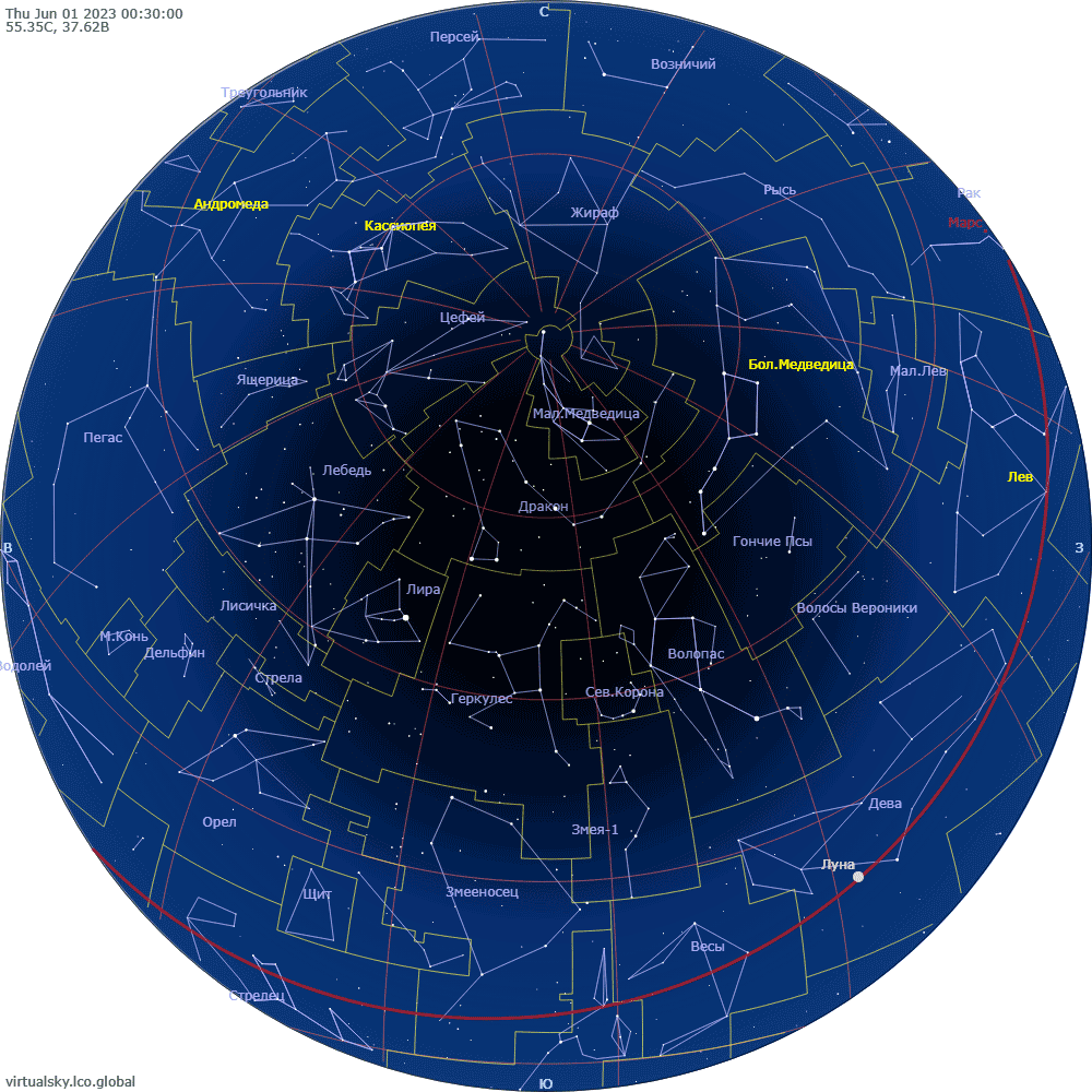 Звездное небо над Москвой, 1 июня 2023